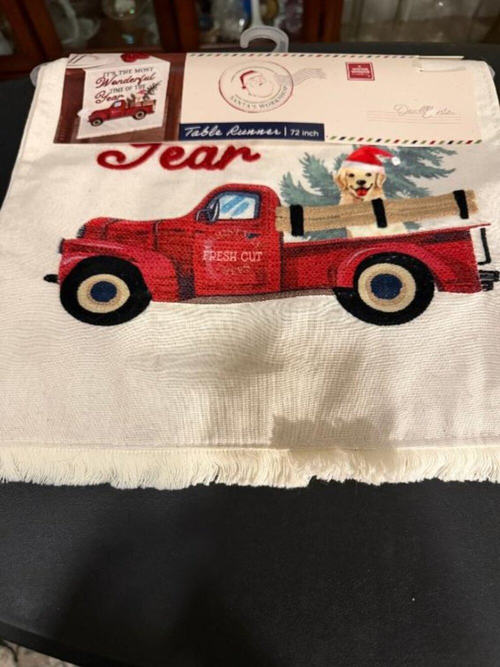 Christmas Red Farm Truck & Dog Table Runner Tapestry 13x72" Holiday Cabin Rustic